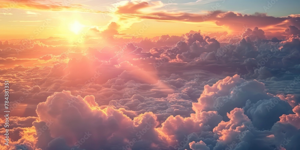 Poster a beautiful sunset scene with colorful clouds in the sky. perfect for backgrounds or inspirational c