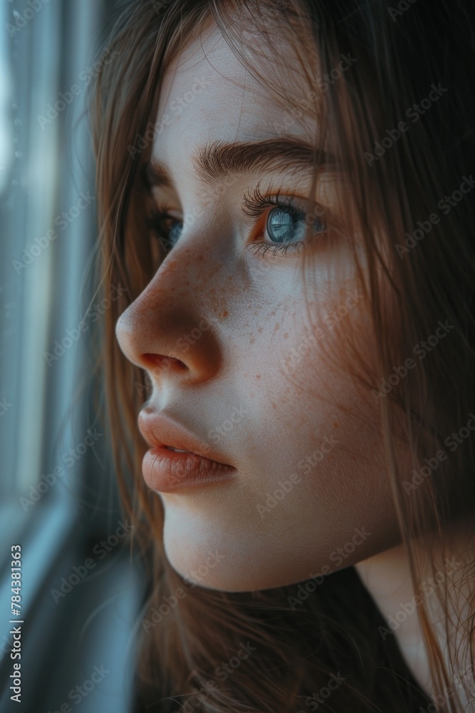 Poster close up of a person looking out a window, suitable for lifestyle or introspective themes