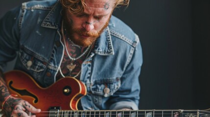 Emotional portrait of a rock guitar player with long red hair and beard plays on the black...