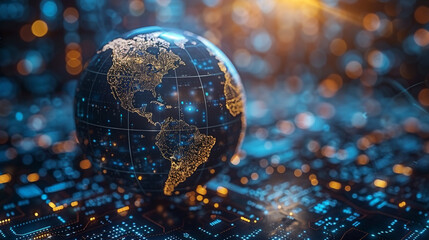 The digital world globe centered on the USA, the concept of global network and connectivity on Earth, data transfer and cyber technology, information exchange, and international telecommunication.