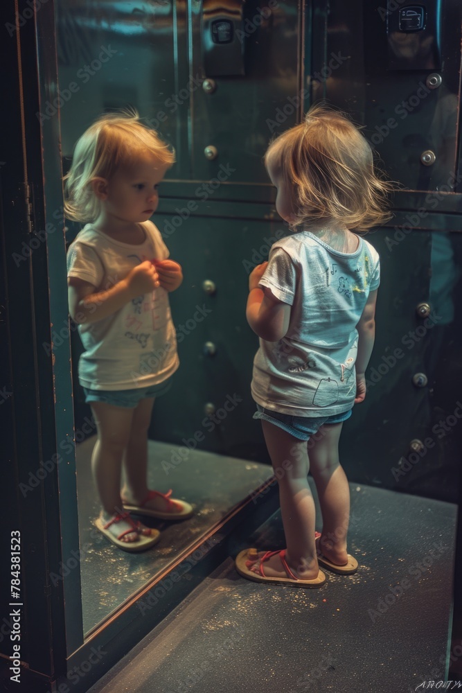Poster a little girl standing in front of a mirror. suitable for beauty and self-reflection concepts