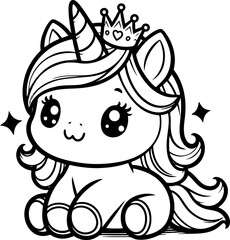 Cute little unicorn black outline children coloring book.