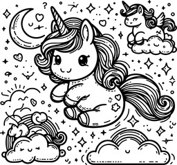 Obraz premium Cute little unicorn black outline children coloring book.