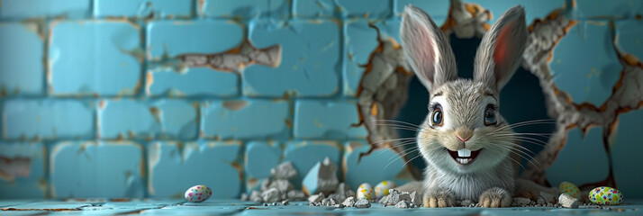 Bunny peeking from a hole in the wall, fluffy ears, Easter bunny banner, rabbit jumping from the torn hole.