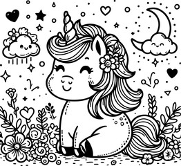 Cute little unicorn black outline children coloring book.