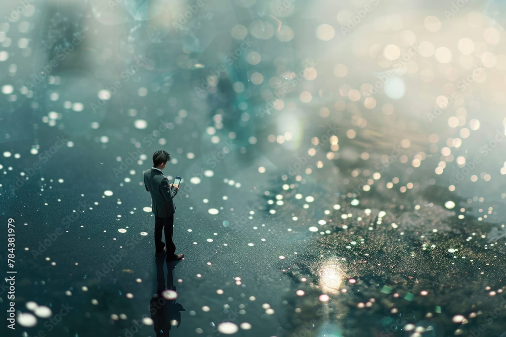 Poster a man standing in a puddle of water, suitable for various concepts