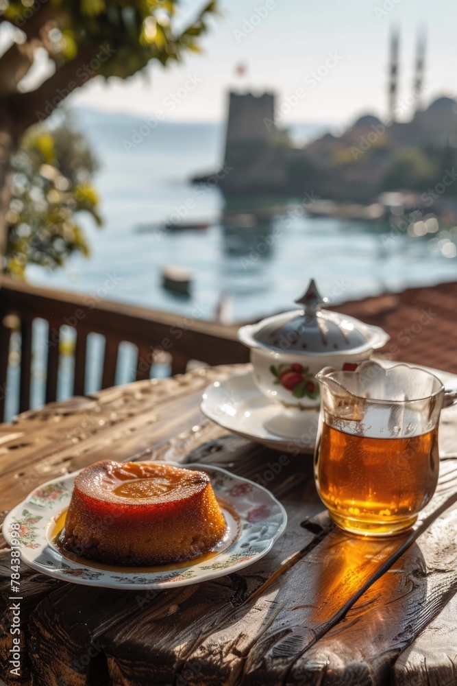Poster a table setting with a plate of food and a cup of tea. perfect for food and beverage concepts