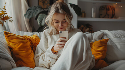 A Nordic woman sitting on the sofa, holding a mobile phone, and texting or shopping on it living room