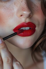 Close up of a person putting lipstick on her lips, suitable for beauty and makeup concepts