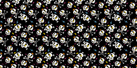 Cute cartoon skulls with crossbones and crown pattern for halloween cover. Funny skulls hand drawn illustrations. Trendy Goth style design. Vector EPS 10