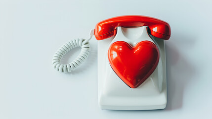 Valentine's Day card old red telephone and heart shaped tag on red background,Valentines Day composition. Red paper heart and vintage telephone receiver,Love calling concept or online dating objects  - obrazy, fototapety, plakaty