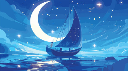 Obraz na płótnie Canvas Boat in Starry Night Clipart 2d flat cartoon vactor