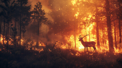 A young deer stands in the midst of a forest fire. Silhouettes of tree trunks on fire.