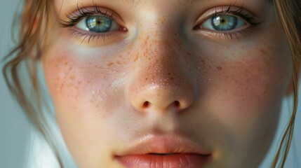 Fototapeta premium Close up of a woman with freckles on her face, suitable for beauty and skincare concepts