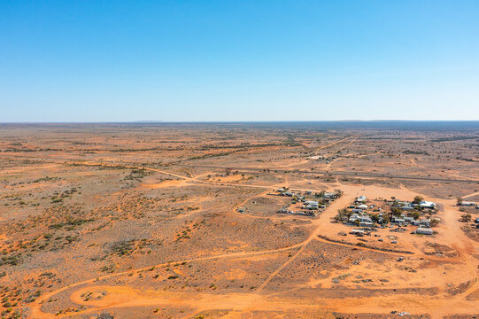 aerial view of the remote Central Australian town of Kingoonya and surrounding flat arid landscape
