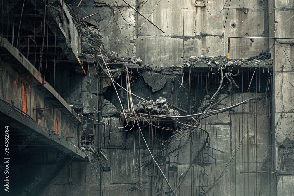 Poster a picture of a building with numerous wires inside. suitable for industrial or technology concepts