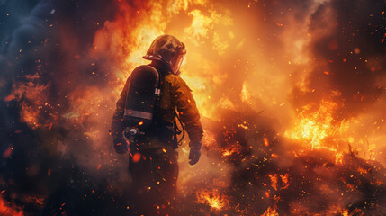 A brave firefighter is walking on burning ground, in heavy smoke. Yellow and red flames destroy everything around