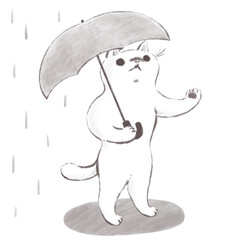 雨の日にお出かけする猫のイラスト　水墨画風