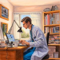 Cartoon hand drawn illustration, male doctor working at home in a white coat with a stethoscope at the computer. Remote work, home office. AI generated.