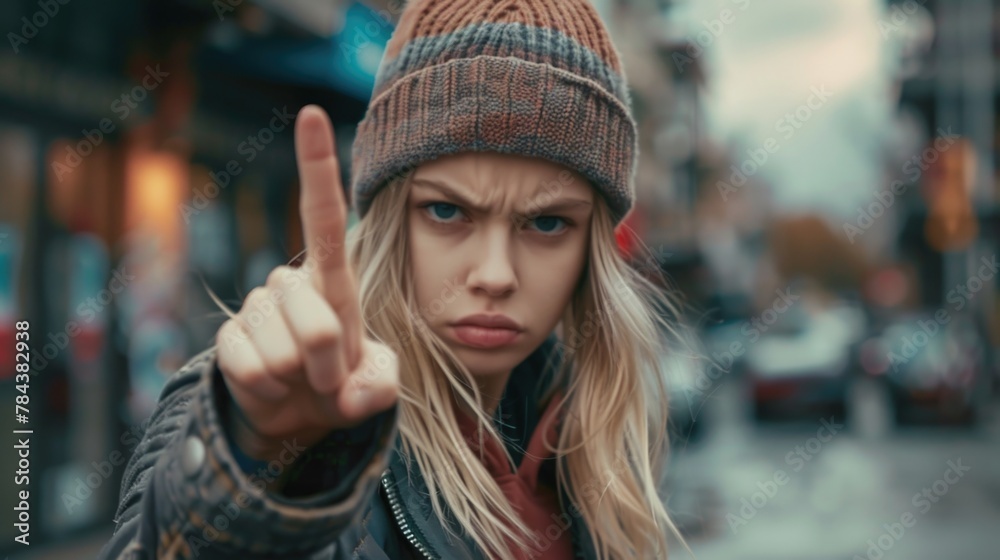 Poster a woman wearing a beanie pointing at the camera. suitable for various concepts and projects