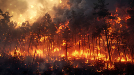 A forest fire is raging through a wooded area. The sky is filled with smoke and the trees are on fire.