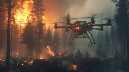 A drone is flying over a forest that is on fire. The drone is equipped with a camera and is...
