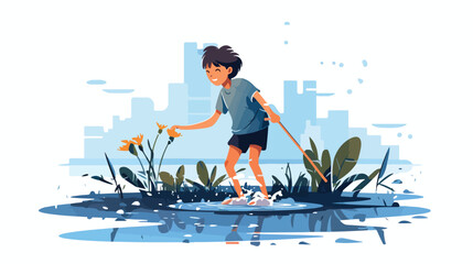 Boy splashes in water with stick .. 2d flat cartoon