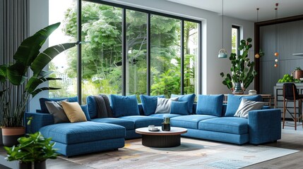 Modern living room with blue modular sofa Stylish decoration