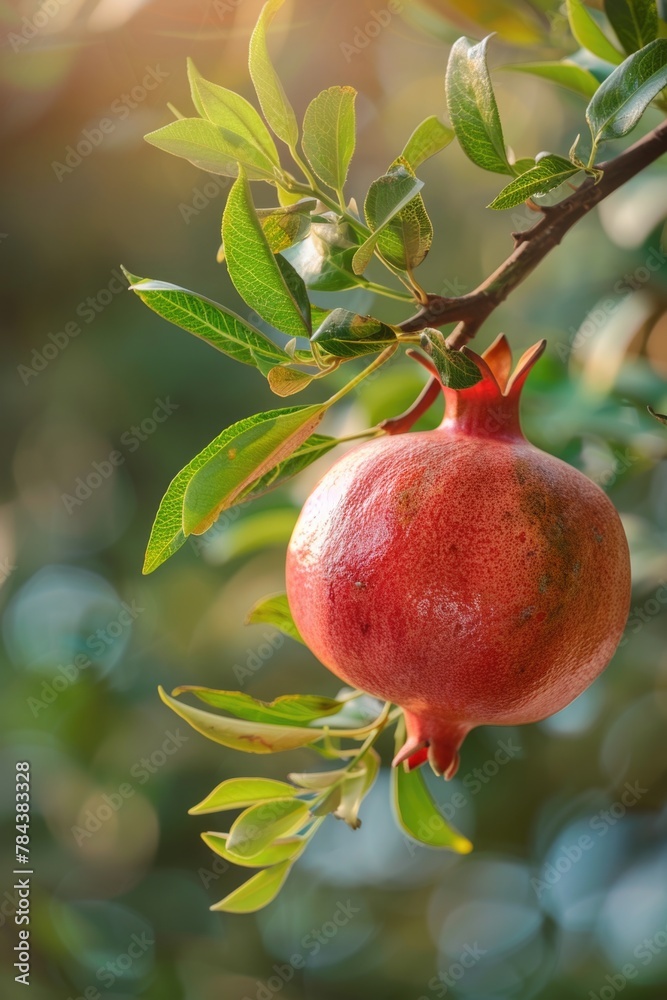 Poster fresh red pomegranate hanging from a tree branch, perfect for food and nature concepts