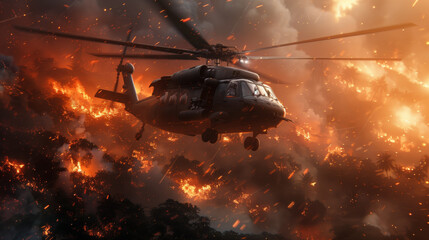 A fire rescue helicopter flies over a forest on fire. An environmental disasterA fire rescue helicopter flies over a forest on fire. An environmental disaster