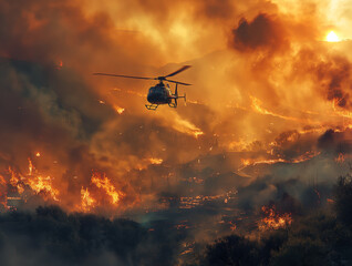 A helicopter flies over a forest fire. The fire is very large and the sky is orange. A helicopter flies over a forest fire. The fire is very large and the sky is orange.
