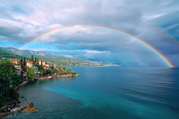 Naklejka na ściany i meble A scenic view of a rainbow over a body of water with houses and mountains in the background. Perfect for travel or nature concepts