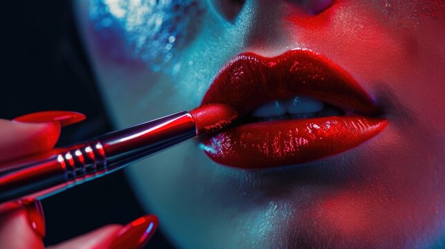 A close-up image of a person putting on lipstick. Ideal for beauty and makeup concepts