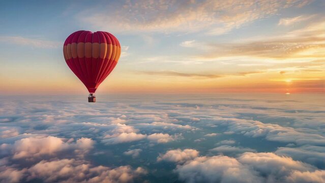 Hot air balloon rising above a cloud sea at dawn. Generative AI Video. ProRes LT 59.94 FPS is available in 4K 16:9.