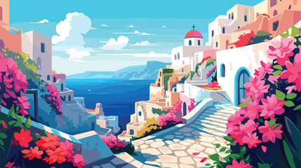 Bright colored flowers spill over the walls of Oia - obrazy, fototapety, plakaty