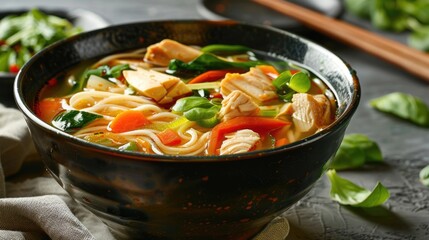 A bowl of soup with noodles and vegetables. Perfect for food blogs or restaurant menus