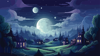 Bright moon village .. 2d flat cartoon vactor illustration