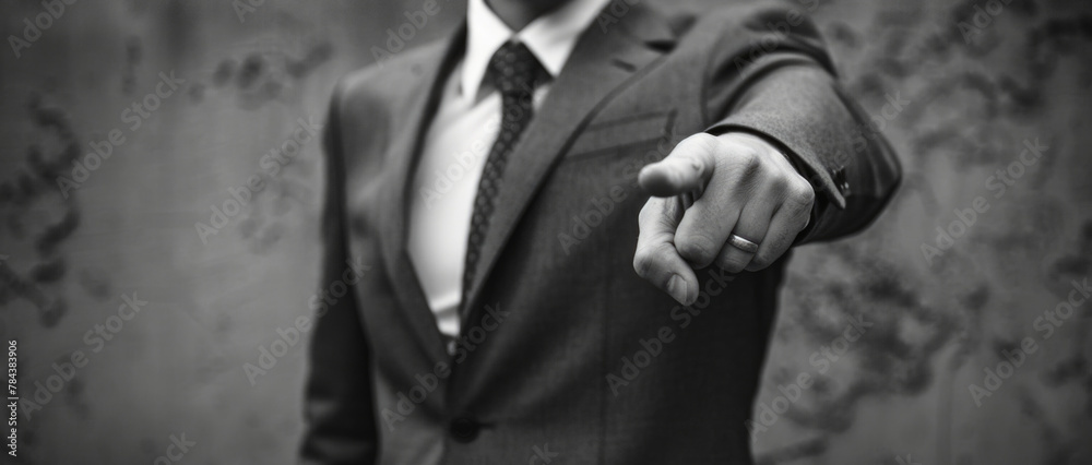Poster A man in a suit pointing directly at the camera. Suitable for business concepts