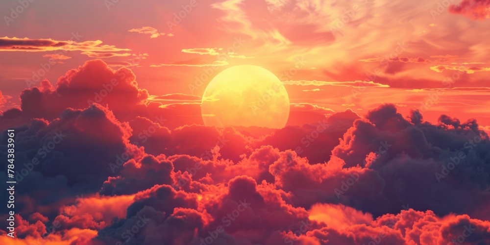 Poster a beautiful sunset scene with colorful clouds in the sky. perfect for backgrounds or nature-themed d