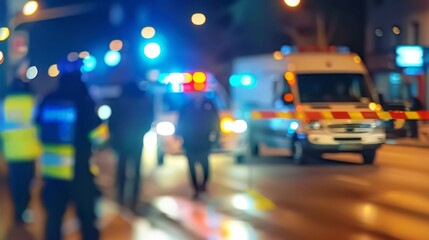 Unrecognizable blurry police car lights and police force officer on night road background, crime scene, night patrolling the city. Abstract blurry image. - obrazy, fototapety, plakaty