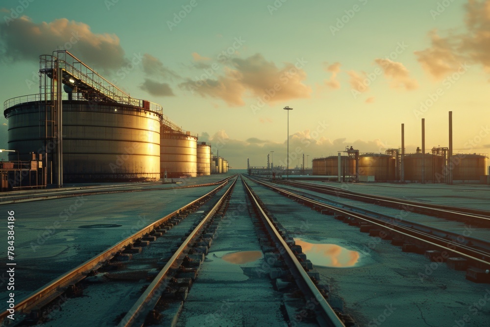 Poster train track with tanks in the background, suitable for military or transportation concepts