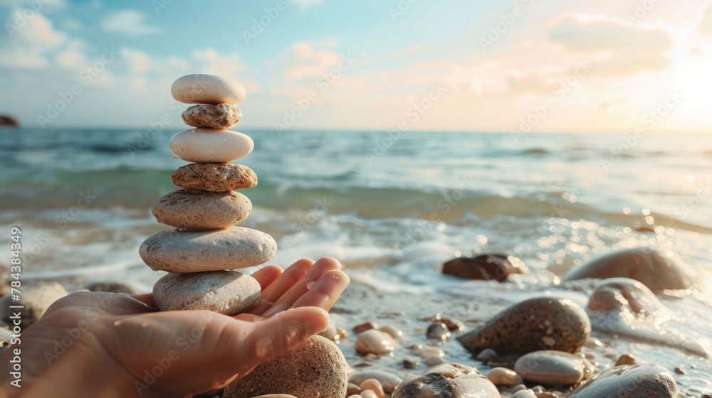 Wall mural A person holding a stack of rocks on a sandy beach. Perfect for nature and relaxation concepts - Wall murals