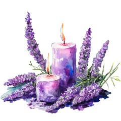 watercolor illustration with lavender flowers, composition of lavender flowers, lavender scented candles