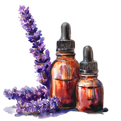 watercolor illustration with lavender flowers, bottles with lavender essential oil, composition of lavender flowers