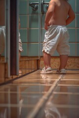 Obraz premium A toddler standing in front of a mirror in a bathroom. Suitable for family and child care concepts