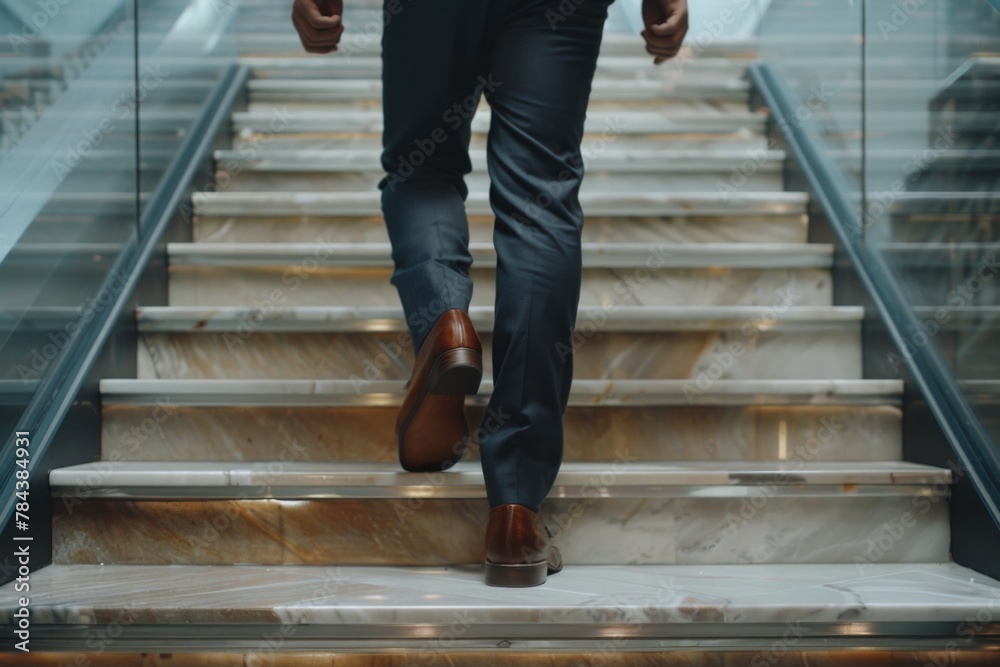 Poster a man in a suit walking up a flight of stairs. suitable for business concepts