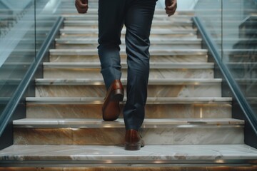 A man in a suit walking up a flight of stairs. Suitable for business concepts