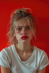 Young woman with red lipstick and messy bun hairstyle