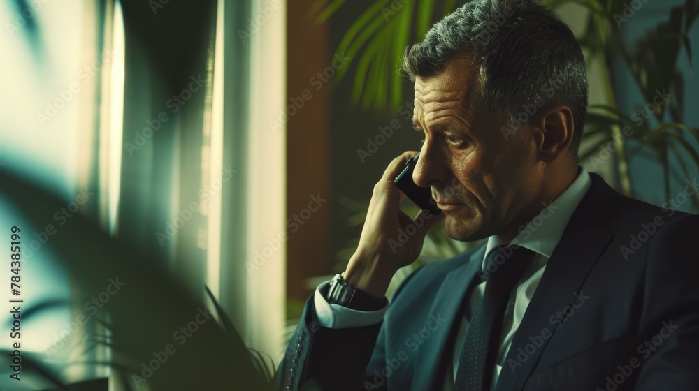 Poster a man in a suit talking on a cell phone. suitable for business and communication concepts