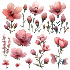Designed for invitations and design use, this watercolor illustration set shows pink flowers and plants on a white background.
